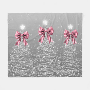 Christmas Sparkling Trees Silver Faux Pink Bow Fleece Blanket