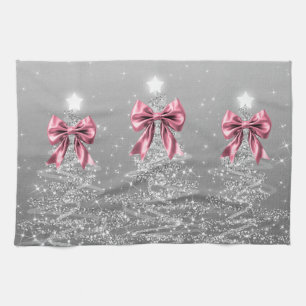 Christmas Sparkling Trees Silver Faux Pink Bow  Kitchen Towel