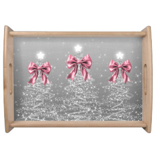 Christmas Sparkling Trees Silver Faux Pink Bow Serving Tray