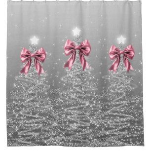 Christmas Sparkling Trees Silver Faux Pink Bow  Shower Curtain