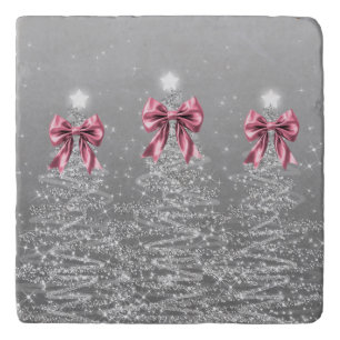 Christmas Sparkling Trees Silver Faux Pink Bow Trivet