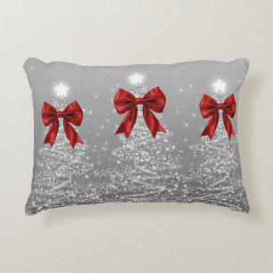 Christmas Sparkling Trees Silver Faux Red Bow Accent Pillow