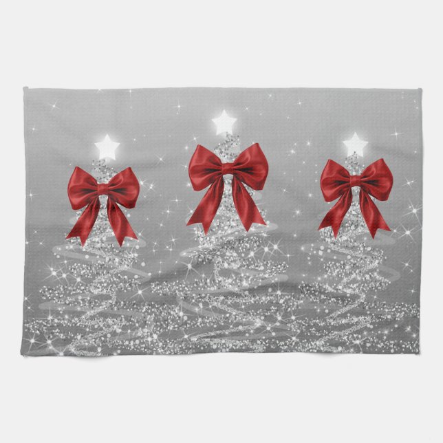 Christmas Sparkling Trees Silver Faux Red Bow  Kitchen Towel (Horizontal)