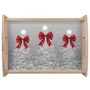 Christmas Sparkling Trees Silver Faux Red Bow Serving Tray