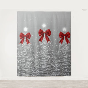 Christmas Sparkling Trees Silver Faux Red Bow Tapestry