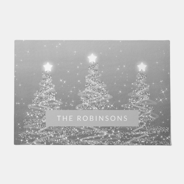 Christmas Sparkling Trees Silver w/ Family Name Doormat (Front)