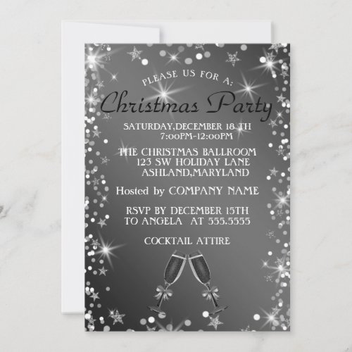 Christmas Sparkly Silver Glass of Champagne Invitation