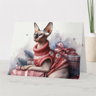 Christmas Sphynx Cat Art Watercolor Xmas Card