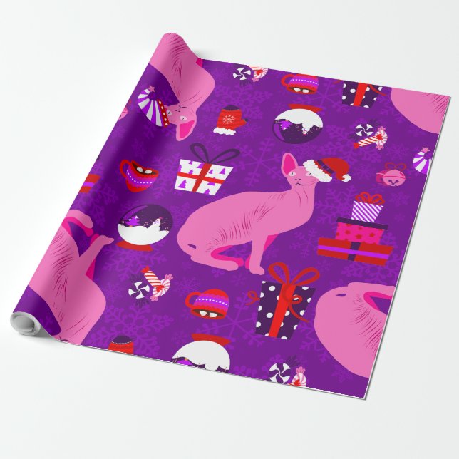 christmas sphynx cat santa sphinx pink wrapping paper (Unrolled)