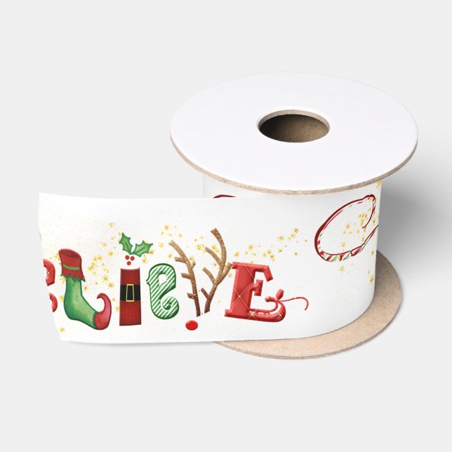 Christmas Spirit BELIEVE Cute Festive Satin Ribbon (Spool)