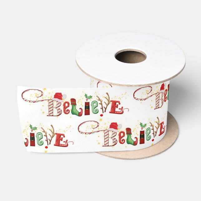 Christmas Spirit BELIEVE Festive Traditional Satin Ribbon (Spool)