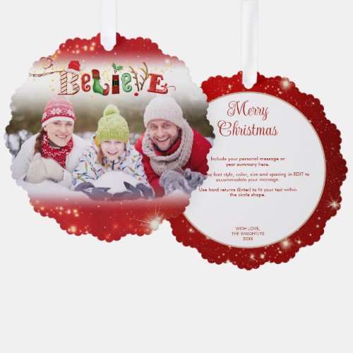 Christmas Spirit BELIEVE Photo Year Highlights Red Ornament Card