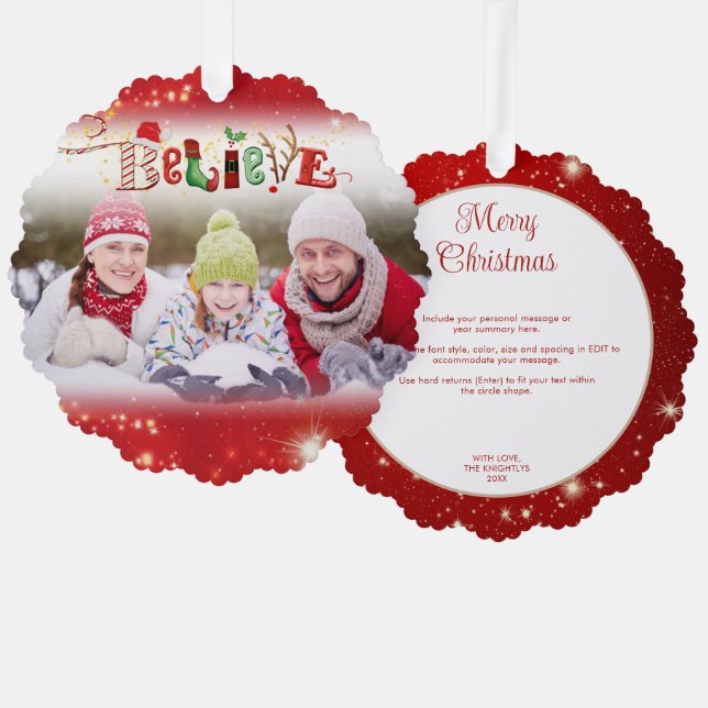 Christmas Spirit BELIEVE Photo Year Highlights Red Ornament Card (Front/Back)