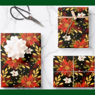 Christmas Spirit Floral Red Green Gold Wrapping Paper Sheets