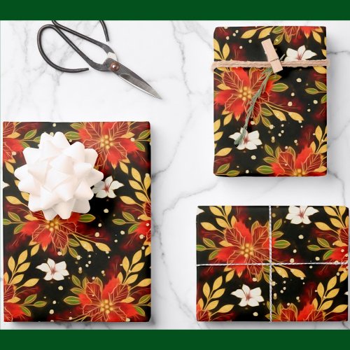 Christmas Spirit Floral Red Green Gold  Wrapping Paper Sheets