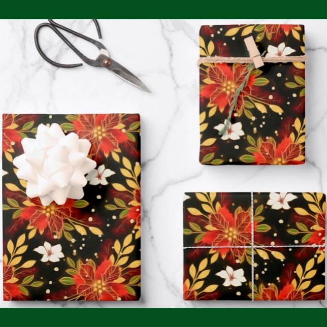 Christmas Spirit Floral Red Green Gold  Wrapping Paper Sheets (Creator Uploaded)