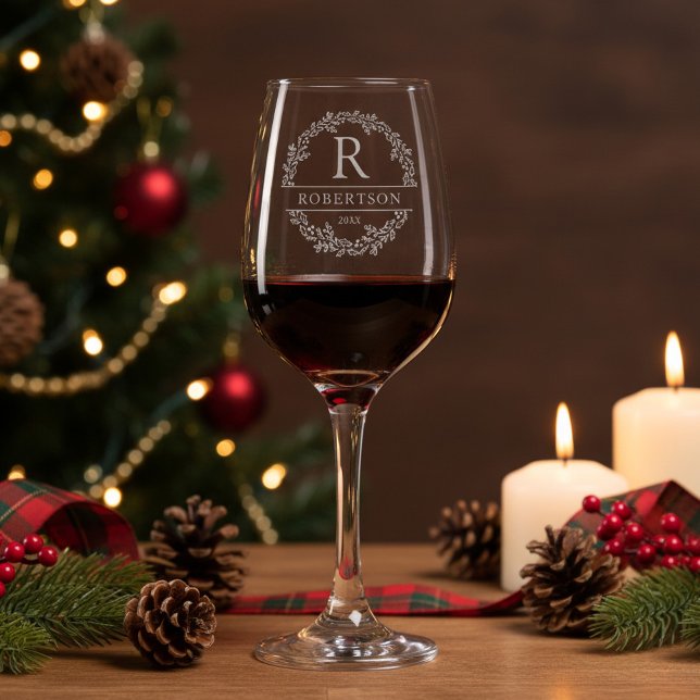 Christmas Split Wreath Family Monogram  Wine Glass (Creator Uploaded)