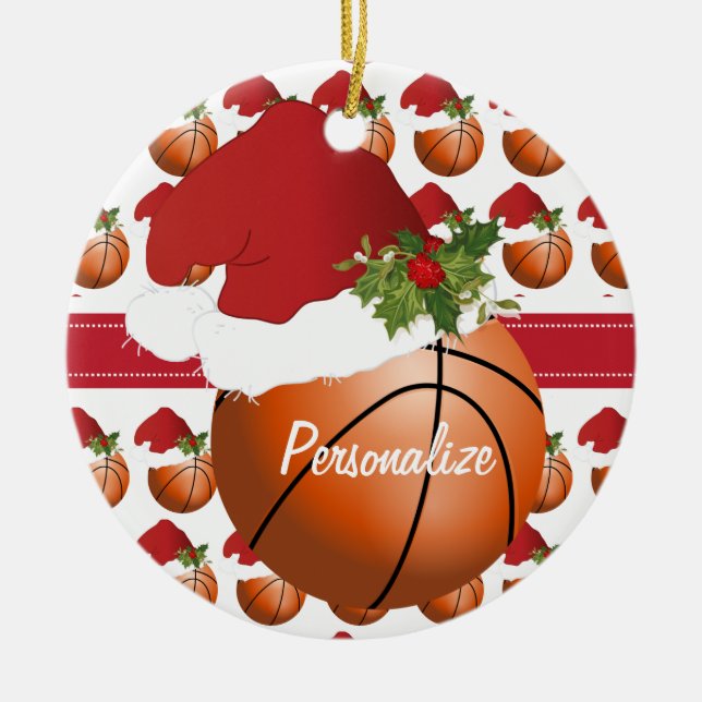 Christmas Sport Basketball Santa Hat Ceramic Ornament (Front)