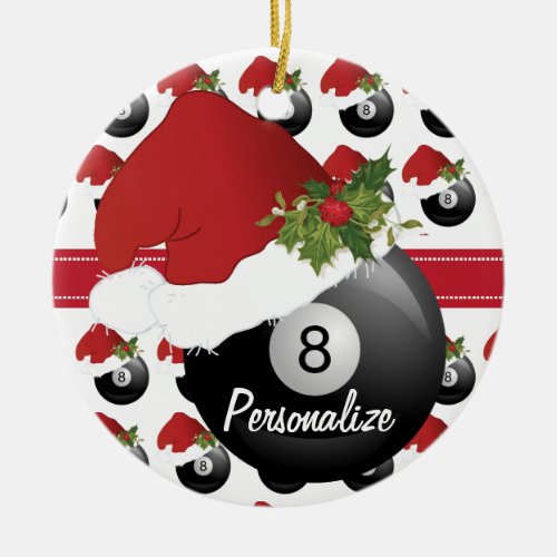 Christmas Sport Billiards Pool Santa Hat Ceramic Ornament