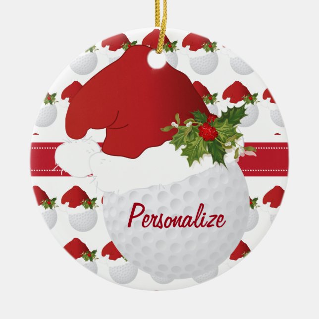 Christmas Sport Golf Ball Santa Hat Ceramic Ornament (Front)