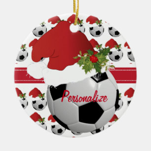 Christmas Sport Soccer Ball Santa Hat Ceramic Ornament