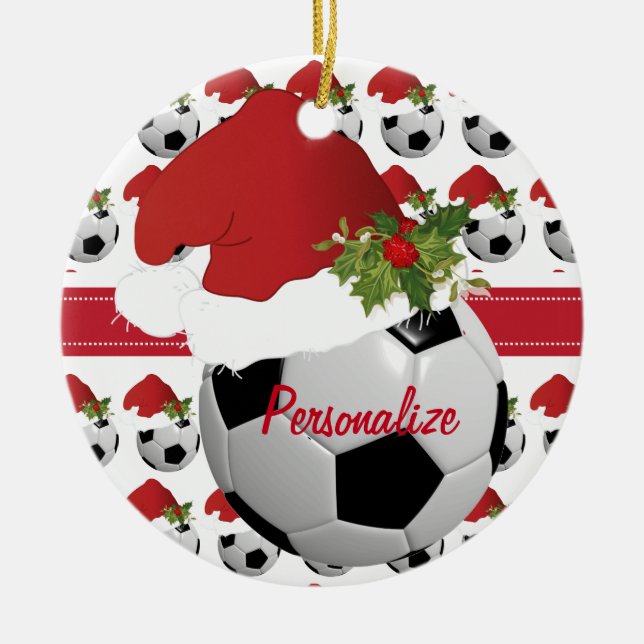 Christmas Sport Soccer Ball Santa Hat Ceramic Ornament (Front)