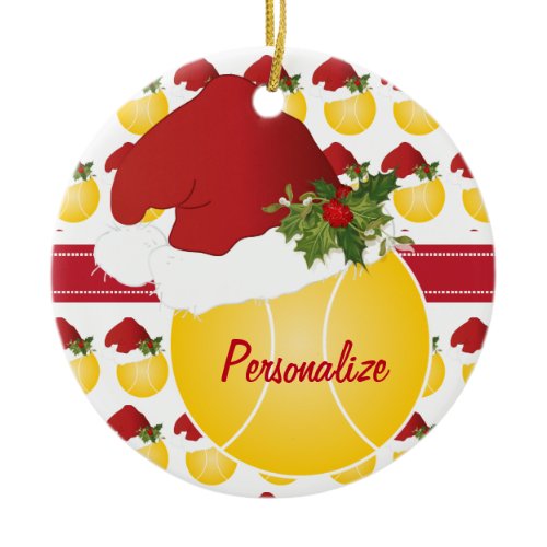 Christmas Sport Tennis Ball Santa Hat Ceramic Ornament