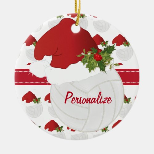 Christmas Sport Volleyball  Santa Hat  Ceramic Ornament
