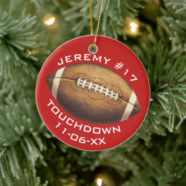 Christmas Sports Football Red Touchdown Add Name Ceramic Ornament | Zazzle