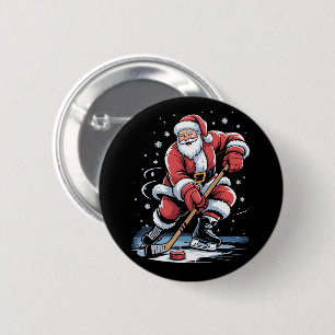Christmas Sports Santa Plays Ice Hockey Xmas Button