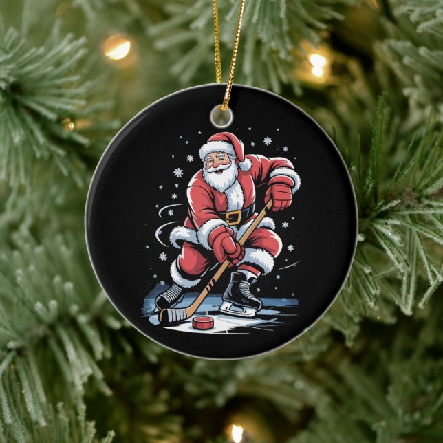 Christmas Sports Santa Plays Ice Hockey Xmas  Ceramic Ornament (Tree)