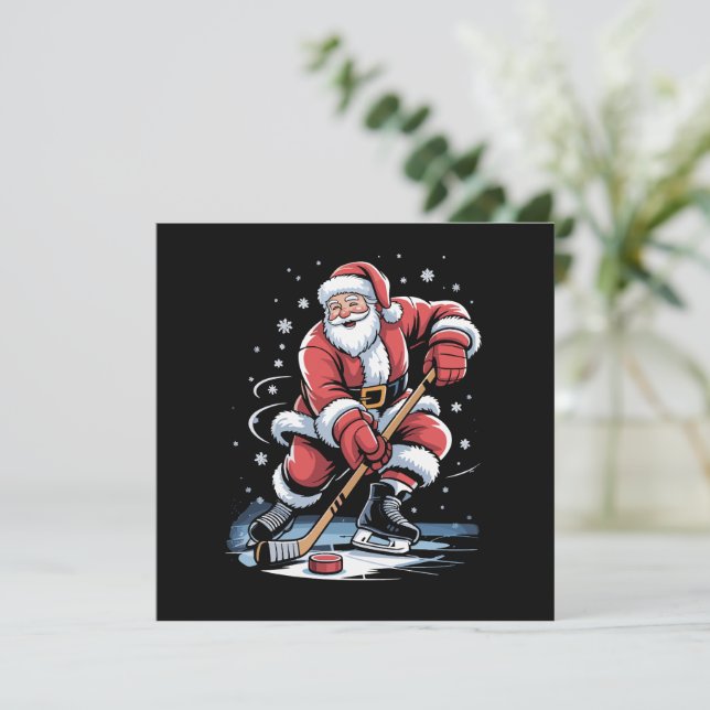 Christmas Sports Santa Plays Ice Hockey Xmas  Invitation (Standing Front)