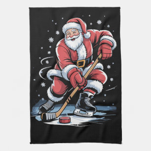 Christmas Sports Santa Plays Ice Hockey Xmas  Kitchen Towel