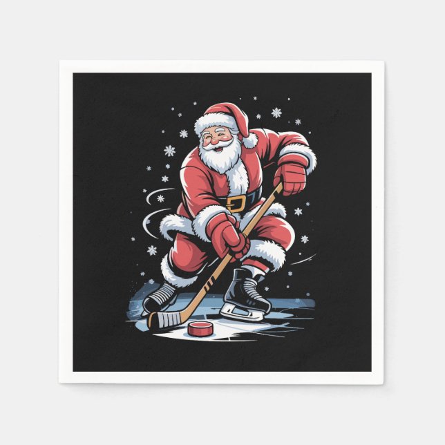 Christmas Sports Santa Plays Ice Hockey Xmas  Napkins (Front)
