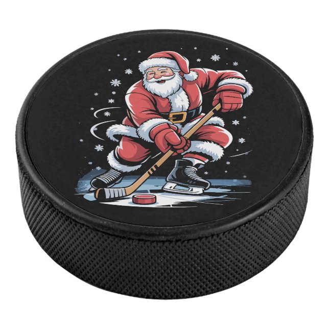 Christmas Sports Santa Plays Ice Hockey Xmas  Puck (3/4)