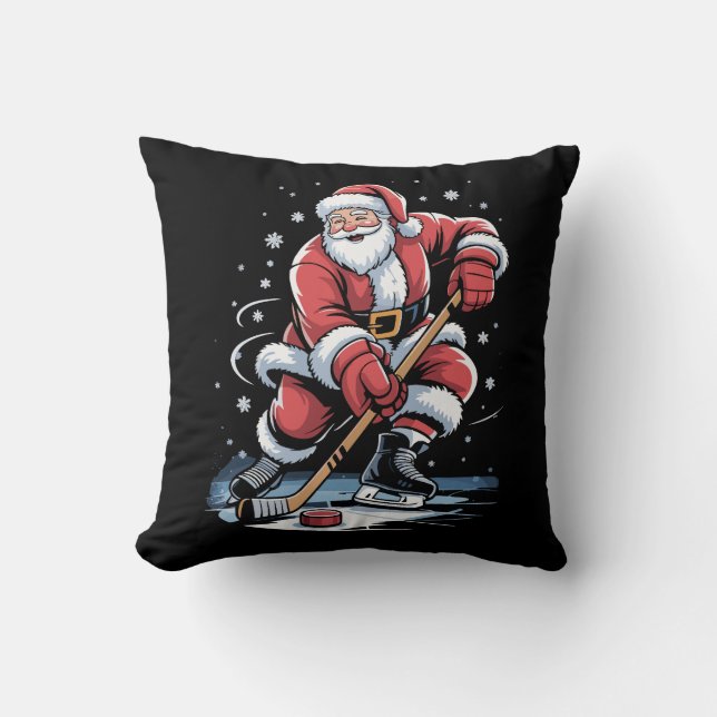 Christmas Sports Santa Plays Ice Hockey Xmas  Throw Pillow (Front)