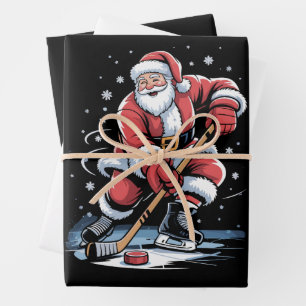 Christmas Sports Santa Plays Ice Hockey Xmas Wrapping Paper Sheets