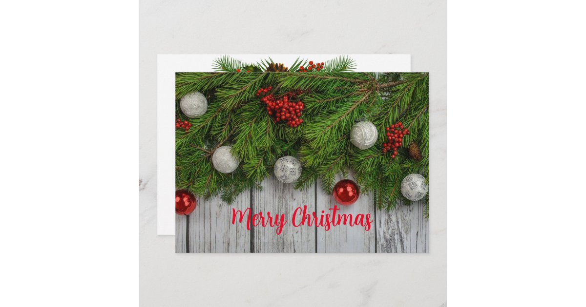 Christmas Sprigs of Pine Needle Bulbs Red Berries Invitation