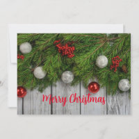 Christmas Sprigs of Pine Needle Bulbs Red Berries Invitation