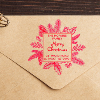 Christmas Square Leaves Family Name Return Address Rubber Stamp