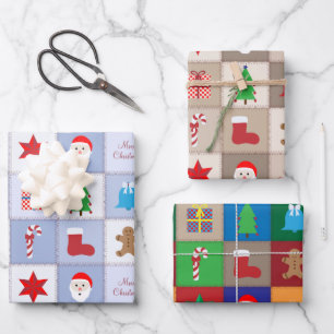 Christmas Square Pattern Blue Beige and Colorful Wrapping Paper Sheets
