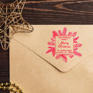 Christmas Square Wreath Family Name Return Address Self-inking Stamp