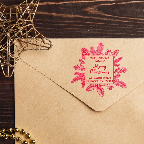Christmas Square Wreath Family Name Return Address Self_inking Stamp