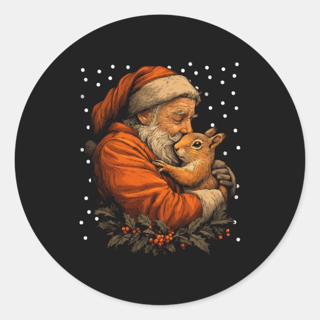 Christmas Squirrel And Santa Claus Forest Animal W Classic Round Sticker (Front)