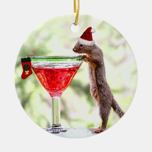 Christmas Squirrel at Happy Hour Ceramic Ornament