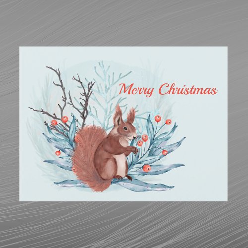 Christmas Squirrel Berries Floral Watercolor Holiday Postcard