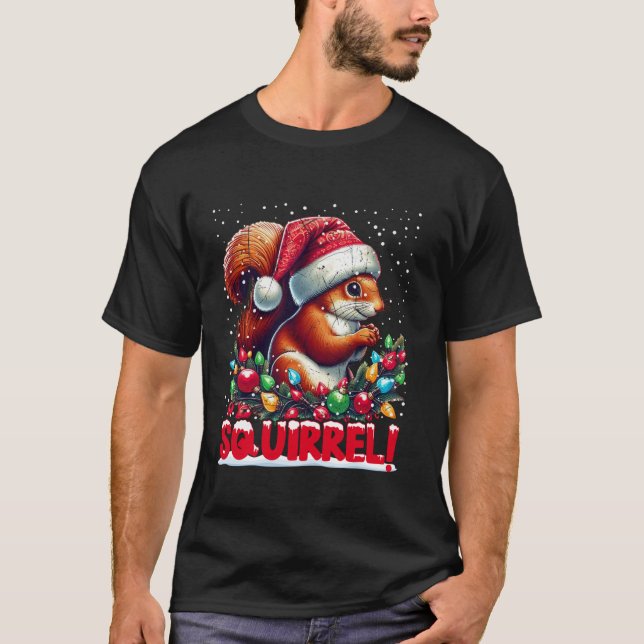 Christmas SQUIRREL Candy Cane Santa Hat Family Xma T-Shirt (Front)