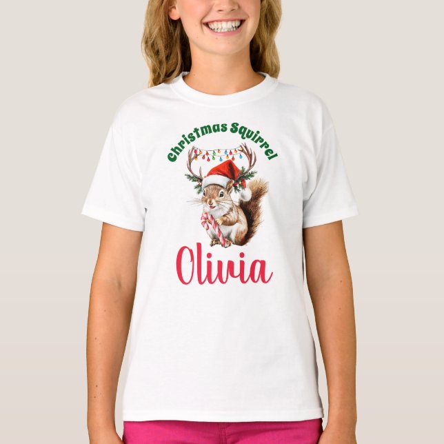 Christmas Squirrel Custom Name Girl's Shirt Funny  (Front)