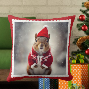 Christmas Squirrel Cute Santa Winter Outfit Throw Pillow