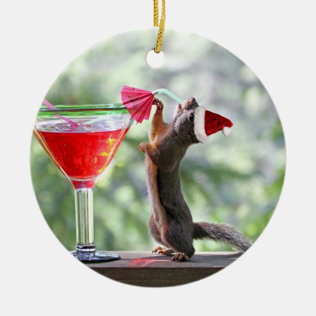 Christmas Squirrel Drinking a Cocktail Ceramic Ornament (Front)